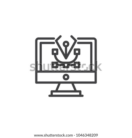 Computer pen tool on pc monitor screen outline icon. linear style sign for mobile concept and web design. Fountain pen nib simple line vector icon. Symbol, logo illustration