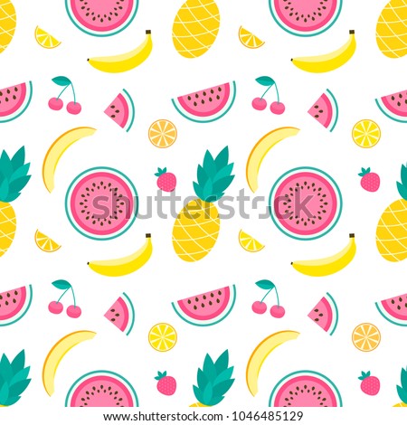 Pattern with sweet watermelon, melon, pineapple, cherry, strawberry and lemon