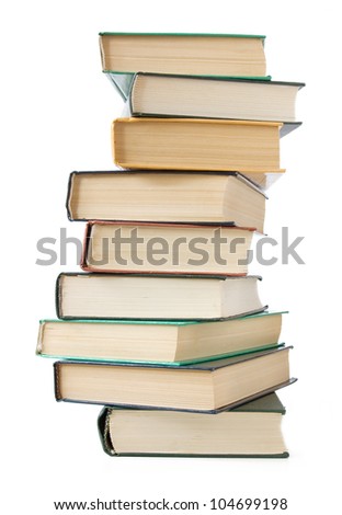 Old book pile isolated on white background