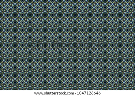 Beautiful abstract seamless pattern. Stylized raster ornament. Texture with flowers for use in textile design or wrapping paper. Kaleidoscope geometric style in blue, black and gray colors.