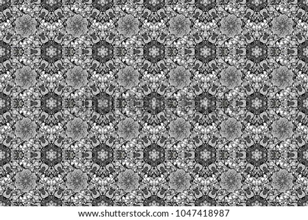 Floral ornament seamless pattern. Black, white and gray round texture in Raster illustration.