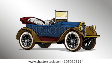 Cartoon green vintage luxury blue golden convertible car with spare wheel on gray background. Vector icon.