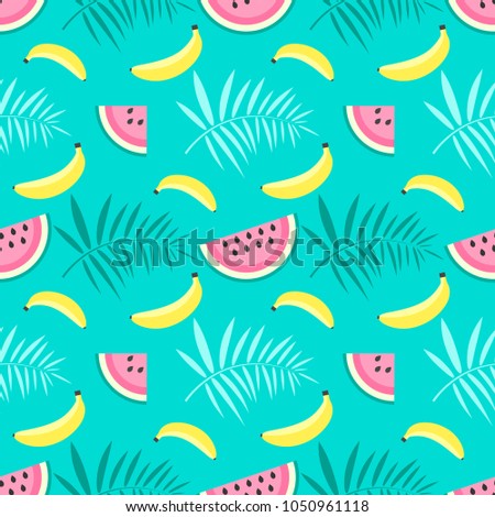 pattern with bananas, watermelon and tropical leaves