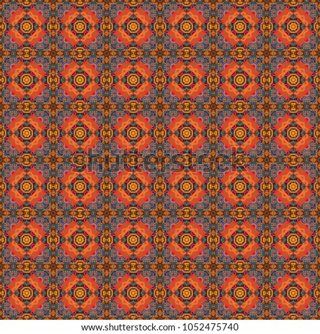 Tracery seamless pattern. Vector illustration. Ethnic binary doodle texture. Mehndi design. Curved doodling in orange, brown and blue colors.