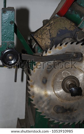Round metal circular saw for cutting of a tree.