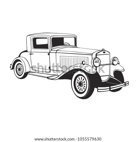 classic car coupe 1920s, vector art, monogram, isolated, black, graphic, hand drawing vector illustration, logo, clip art