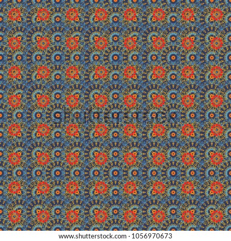 Motley center in orange, yellow and blue tones. Seamless pattern, luxurious colourful old design. Carpet with ethnic ornament.