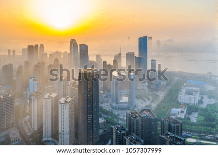 City Center sunrise, foggy morning 