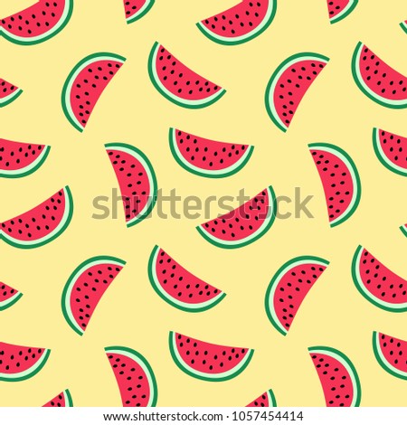 slice of red watermelon on yellow background pattern summer sweet seamless vector.