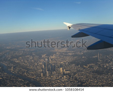 View of Frankfurt am Main from the window of the plane. Panorama of  German city. Europe
