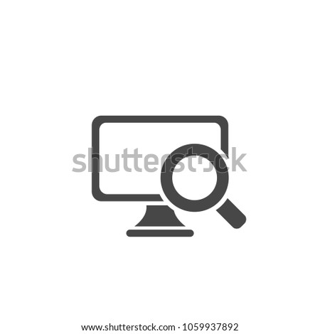 Black computer monitor with black magnifier. isolated on white. Flat vector simple icon. Internet search symbol. Good for web and mobile design.   See site