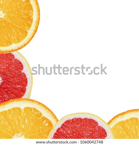 Fruits citrus. Orange and grapefruit on the white background. Top view.