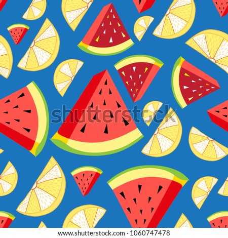 Vector bright pattern of lemon slices and watermelon on a blue background