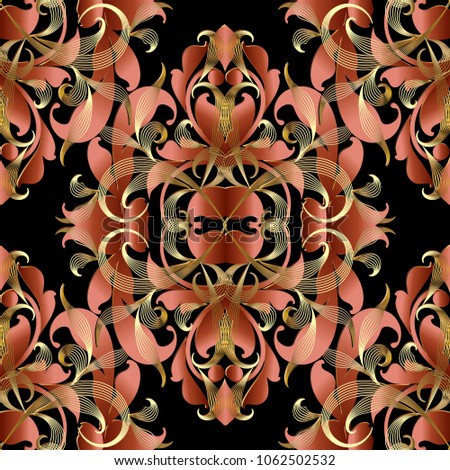 Barogue vintage 3d seamless pattern. Vector floral background. Surface flowers, gold striped leaves, swirls, scrolls. Antique damask ornaments in Baroque victorian style. Luxury ornate 3d wallpaper