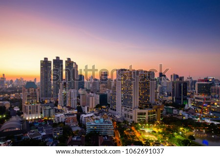 View of Bangkok modern office buildings, condominium in Bangkok city downtown with sunset sky ,Bangkok is the most populated city in Southeast Asia. Bangkok , Thailand