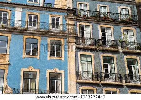 Classic apartment building exterior facade in Lisbon, Portugal