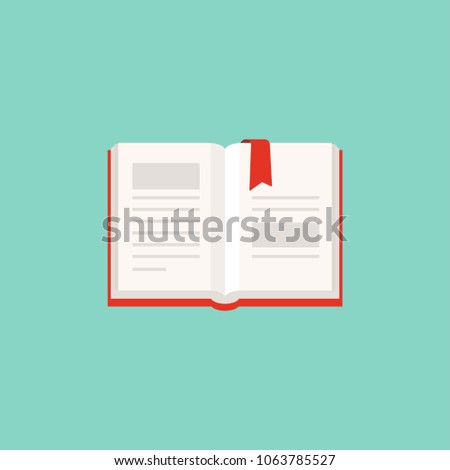 Open book with red bookcover and ribbon bookmark.  Flat icon isolated on powder blue background. Flat icon. Flat reading icon. Vector illustration. Education logo. Library pictogram. Literature