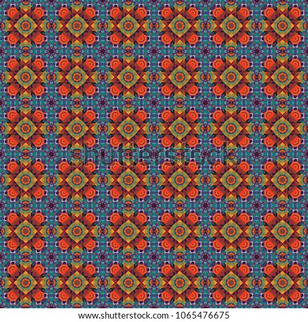 Abstract seamless pattern in blue, red and brown colors. Square scraps in oriental style. Ideal for printing on fabric or paper.