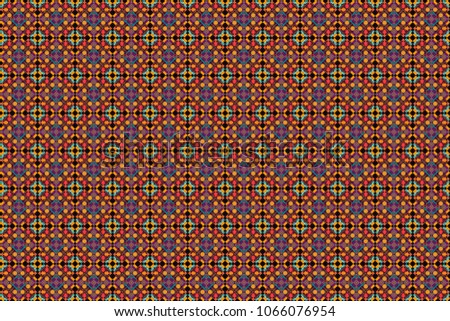 Raster seamless pattern with rhombus and tiles. Vintage decorative repainting art with ethnic motifs in purple, brown and orange colors. Abstract geometric squares with round symmetry.