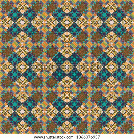 Vector colorful symmetrical seamless pattern for textile, tiles and design in green, blue and pink tones.