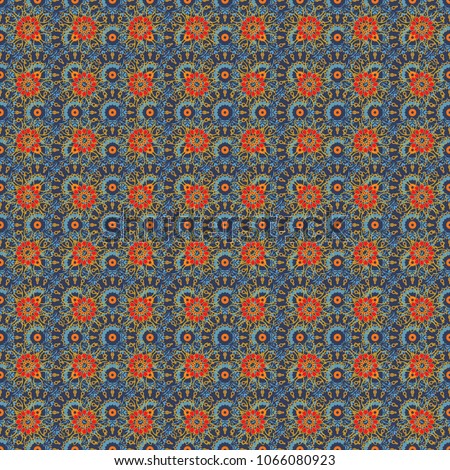 Seamless abstract vector geometric pattern. Random layout. Bed sheets and interior. Gift wrapping paper. Ornament made of various orange, yellow and blue shapes.