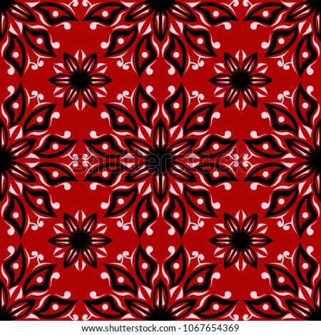 Seamless floral background. Black and white pattern on red backdrop.
