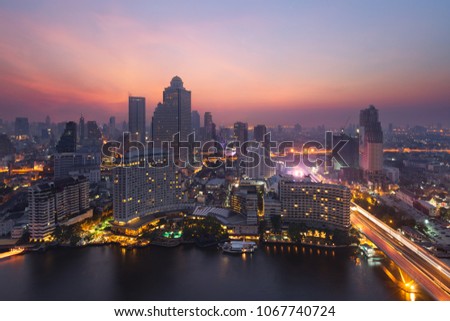 Bangkok panorama with the Chao Phraya river in the foreground, Thailand