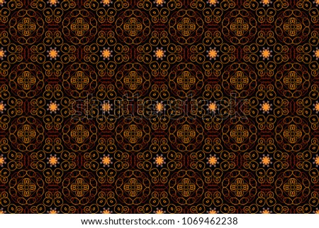 Raster illustration. Abstract seamless pattern polygonal and Mandala shape kaleidoscope geometry in red, orange and black colors. Raster template circle decorative.