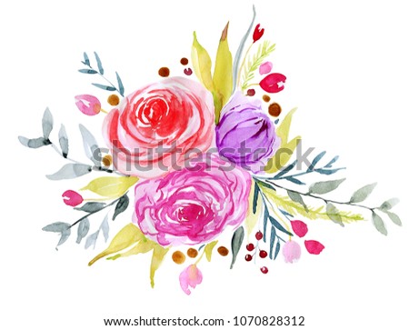 Watercolor bouquet with pink, red, and purple roses