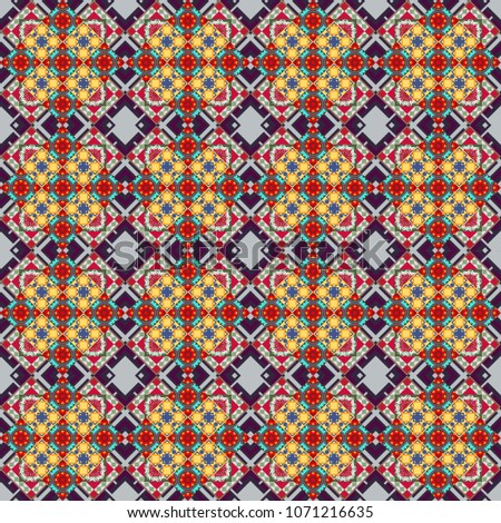 Vector colorful symmetrical seamless pattern for textile, tiles and design in gray, yellow and red tones.