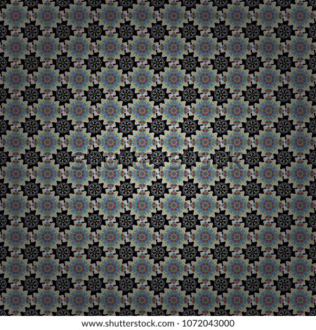 Vector background with tiles and rhombus. Vector geometrical seamless ornament. Seamless pattern in gray, black and blue colors.