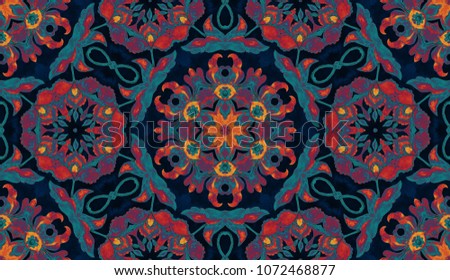 Colorful watercolor seamless pattern rectangle. Oriental vintage carpet. Hand drawn floral abstract mandala background. Textile ottoman motif. Tribal flores backdrop rug. For cushion cover, batik.