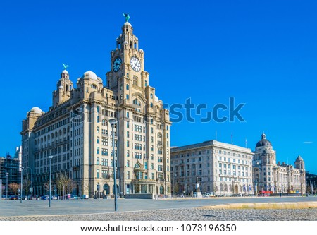 Three Graces buildings in Liverpool, England
