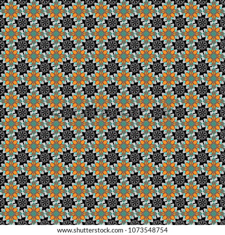 Square seamless pattern composition in blue, violet and green colors for kerchief with floral motif.