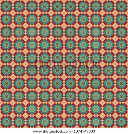 Yellow, blue and red ethnic geometric motif seamless pattern in yellow, blue and red on abstract background.
