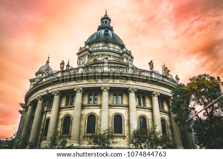 Magical Sunset View of St. Stephen's Basilica, a Roman Catholic basilica in Budapest, Hungary.