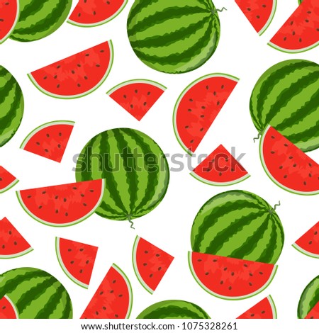 Whole and cut into pieces watermelons on a white background. Colorful seamless pattern. Design for posters, banners, textiles, wrapping paper. Vector illustration.