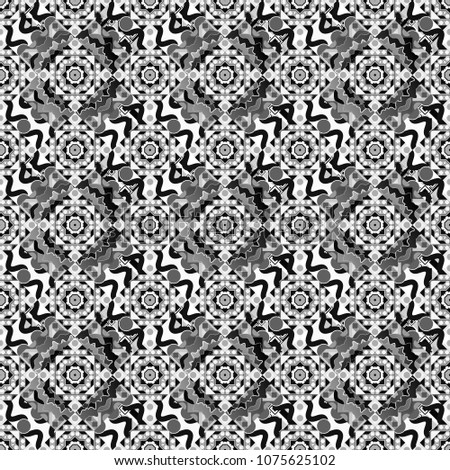 Seamless pattern in ethnic traditional style. Abstract vintage pattern with decorative tiles pattern. Vector oriental style in gray, black and white colors.