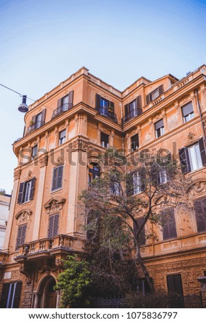 bottom view of beautiful building with tree on street in Rome, Italy