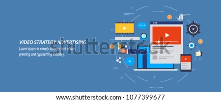 Video advertising, Video marketing strategy flat design vector conceptual banner