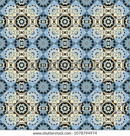 Islam, Arabic, Indian, ottoman motifs. Seamless ceramic tile with colorful patchwork. Design in beige, gray and blue colors. Vector multicolor pattern in turkish style.
