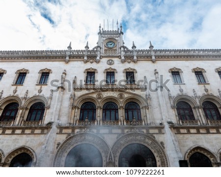 Neo-Manueline facade of the Rossio Railway Station in Lisbon (ca. 1886), with its two intertwined horseshoe portals.
