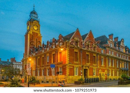 Sunset view of town hall in Leicester, England
