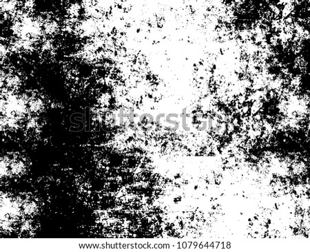 Abstract unreal black and white background. Grunge texture of chaotic pattern of spots, cracks, scratches. Futuristic monochrome element for design