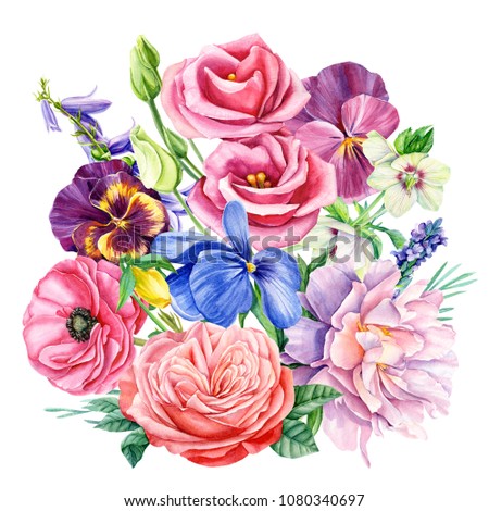 watercolor illustration, botanical painting, bouquet of flowers peony, pansy, bells, eustoma, hellebore, lisianthus, ranunculus, rose, lavender, hand drawing