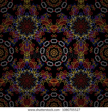 Vector seamless damask pattern, classic wallpaper, background. Ornamental border in blue, yellow and red colors on a black background.