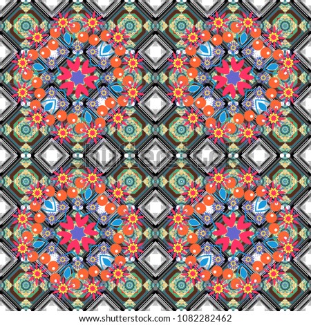 Vector pattern with Mandalas, flower paisley. Seamless Indian motif in gray, blue and pink colors. Ornamental floral print on wallpaper, linoleum, textile.