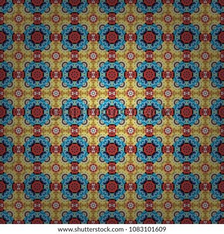 Abstract floral illustration in blue, brown and yellow colors. Vector element, arabesque for design template. Luxury seamless pattern ornament in Eastern style.