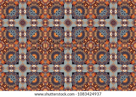 Vintage abstract mandala colorful seamless pattern in blue, orange and gray colors. Raster background.