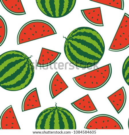 Whole and cut into pieces watermelons on a white background. Colorful seamless pattern. Design for posters, banners, textiles, wrapping paper. Vector illustration.